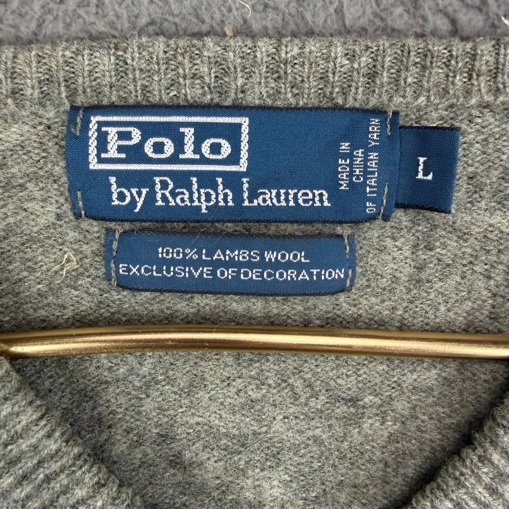 Polo Ralph Lauren Mens Large Gray‎ 100% Lambs Wool V-Neck Sweater Italian Yarn